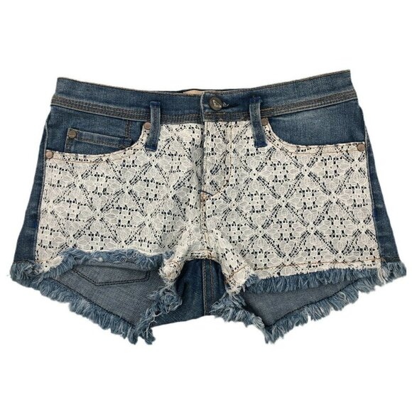 Roxy Denim Shorts Doily Dukes Cut Off White Lace Overlay Stretch Juniors 0/24 - Picture 1 of 7